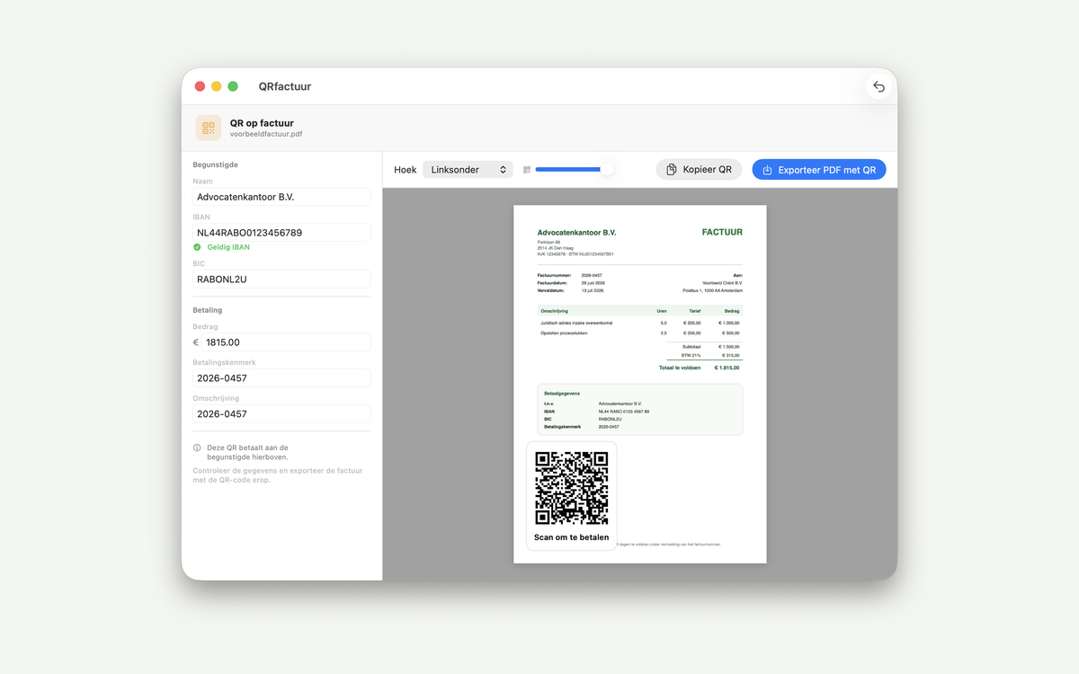 QRfactuur: een betaal-QR op je eigen factuur, klaar om te kopiëren of als PDF te exporteren